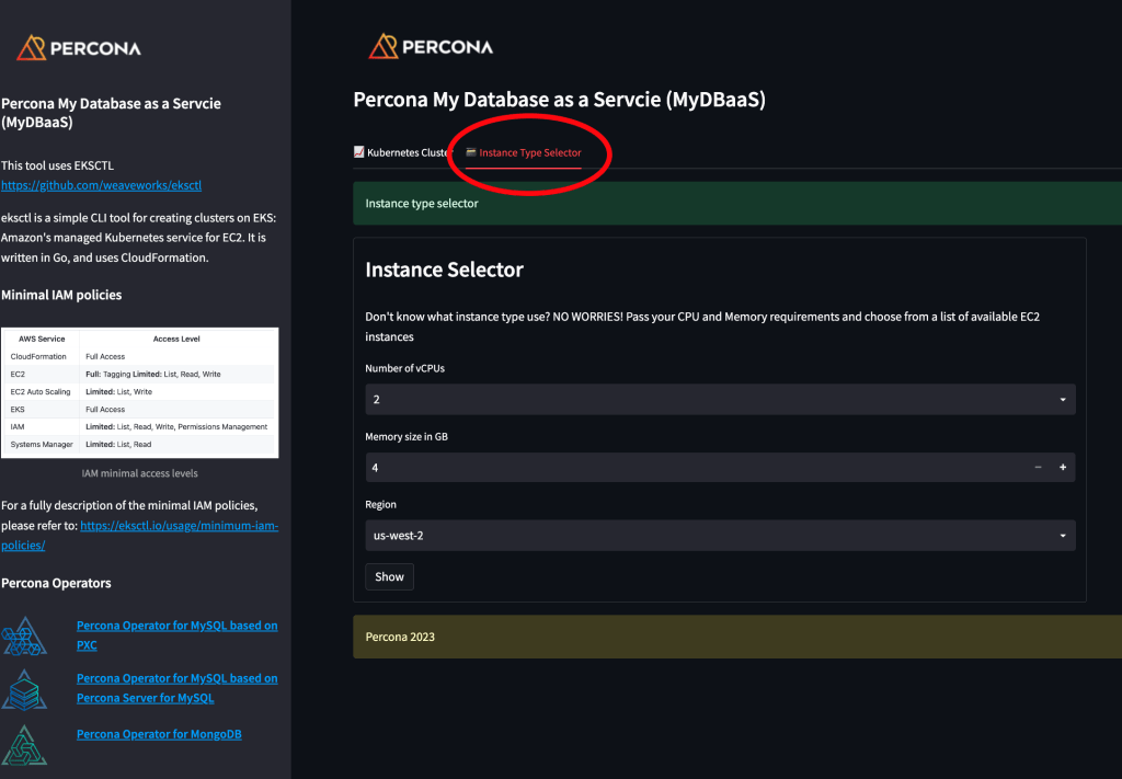 percona my database Instance selector