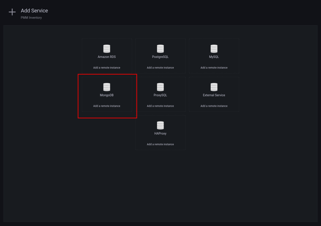 PMM screen showing options to add instance of different databases