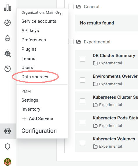 Data sources menu
