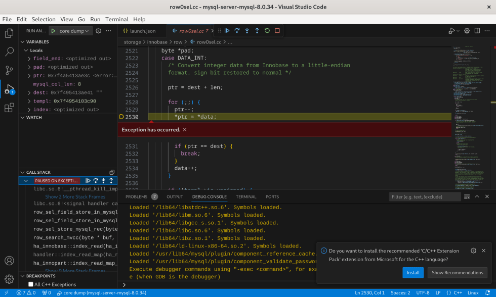 Debugging MySQL Core File in Visual Studio Code
