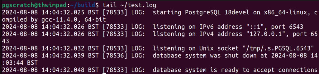 log showing Postgres listening on alternate port