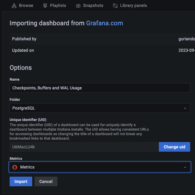 Import dashboard from Grafana
