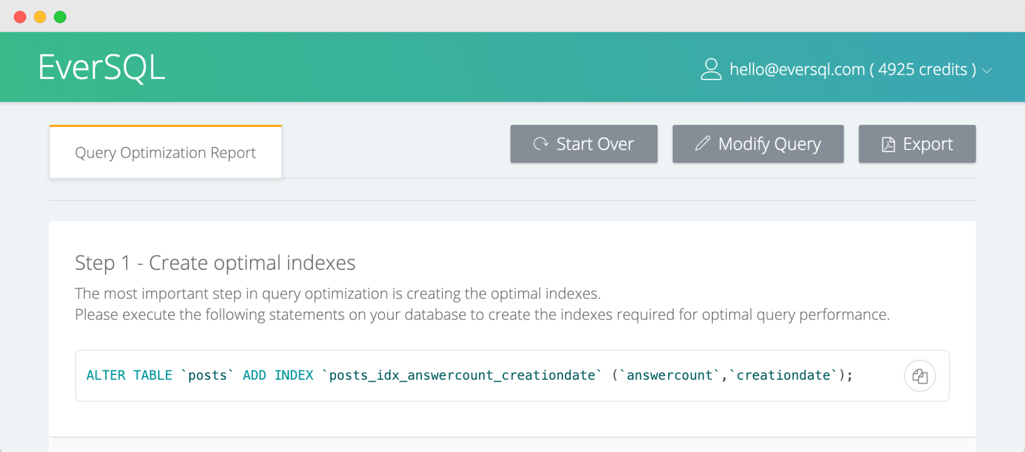 EverSQL optimization report