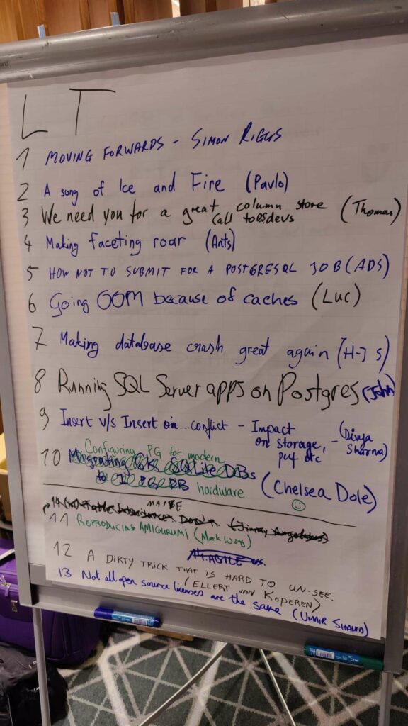 Flip chart showing the list of lightning talks