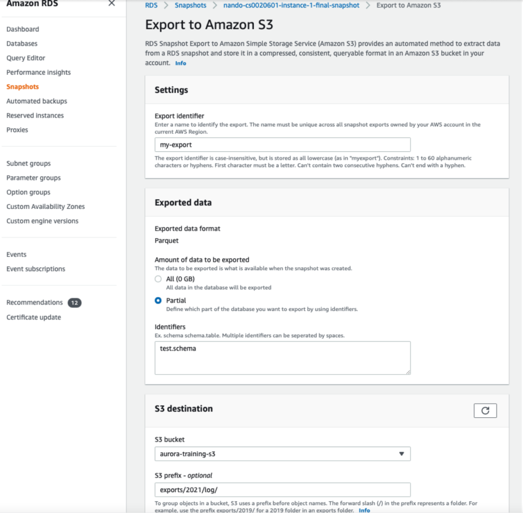 Export the snapshot to Amazon S3