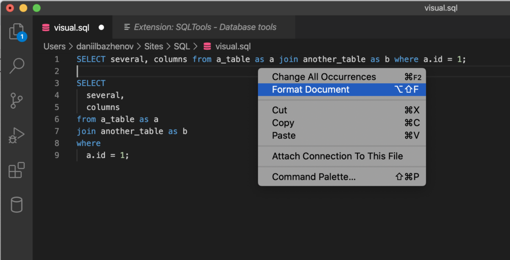 SQL query formatting