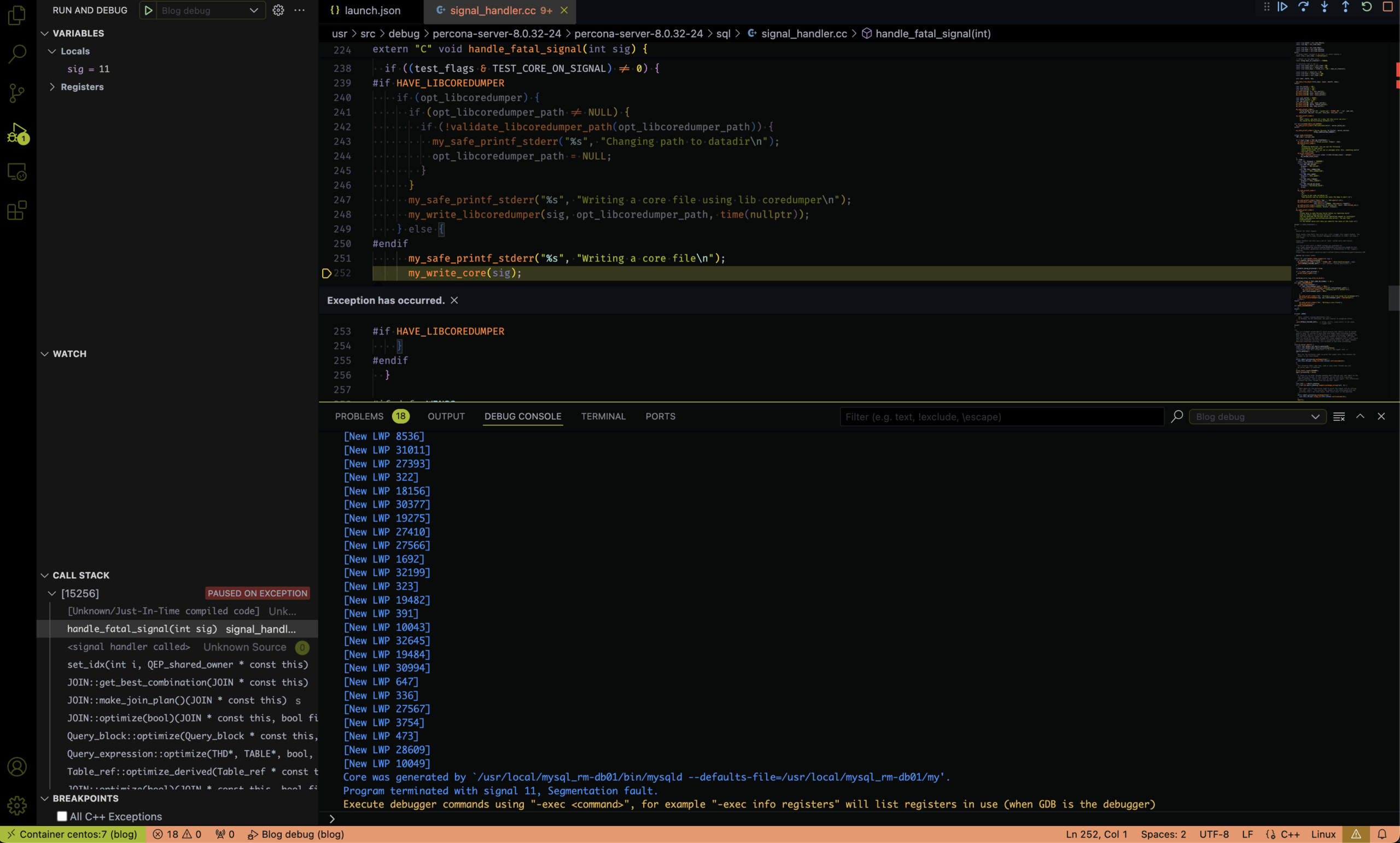 examine the core dump