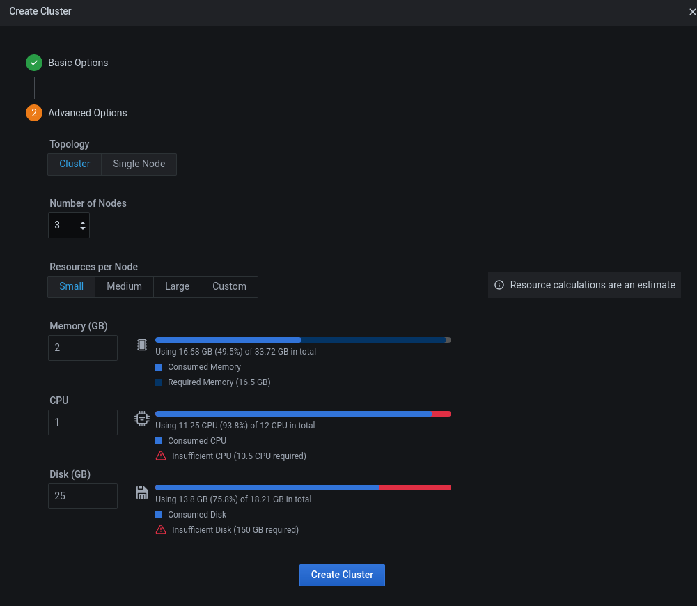 Advanced settings for cluster creation