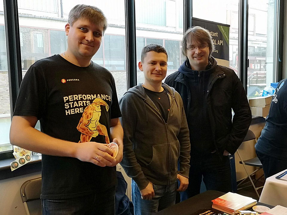Evgeniy Patlan, Slava Sarzhan and Alexey Palazhchenko enjoying booth duty