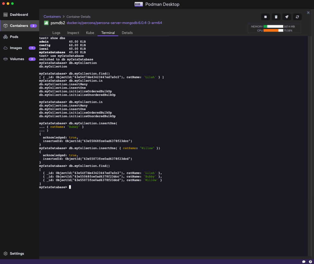 Using `mongosh` inside the Percona arm64 container