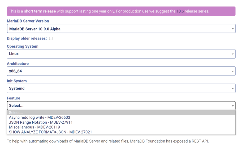 MariaDB 10.9 Alpha Download Options