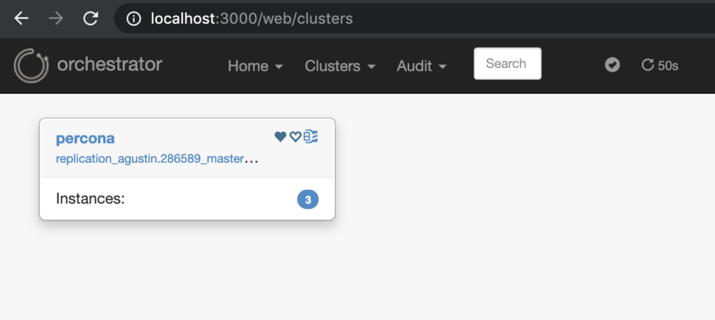 Orchestrator's web UI showing configured cluster