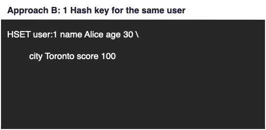 Approach B: one Valkey Hash key per user using HSET user:1 name Alice age 30 city Toronto score 100